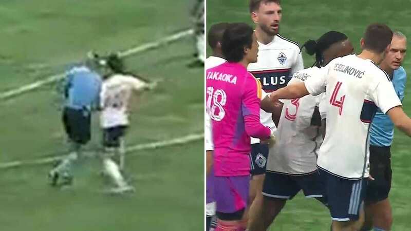The referee blocked a Vancouver player, sparking fury among Whitecaps players after the team conceded a late goal (Image: FOXSoccer/Twitter)