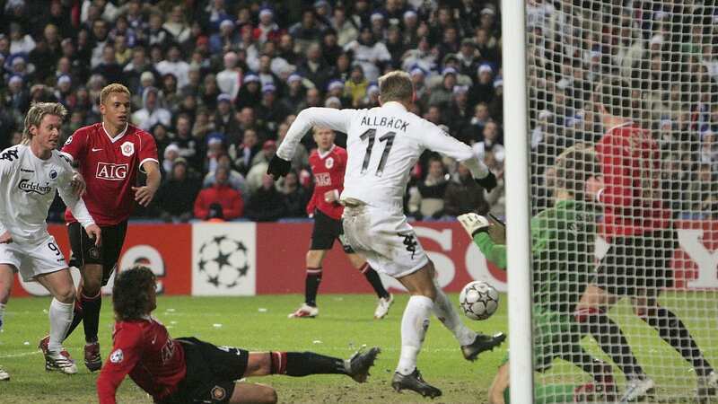 Marcus Allback of FC Copenhagen scores against Manchester United in November 2006