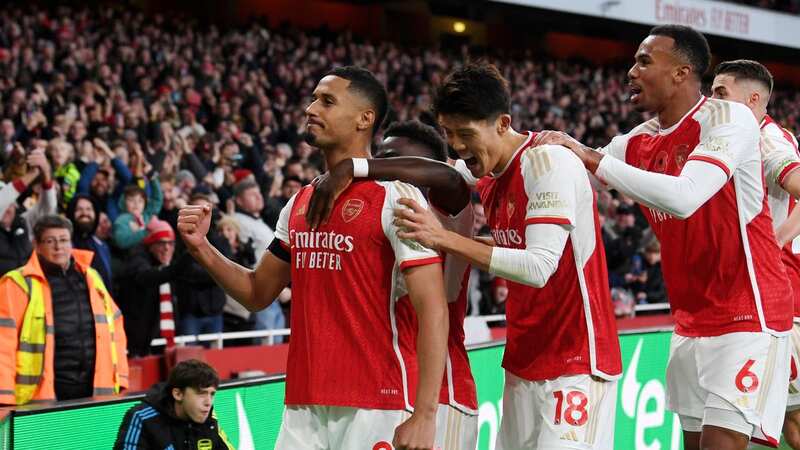 William Saliba celebrates with his team-mates after scoring for Arsenal against Burnley (Image: Getty Images)