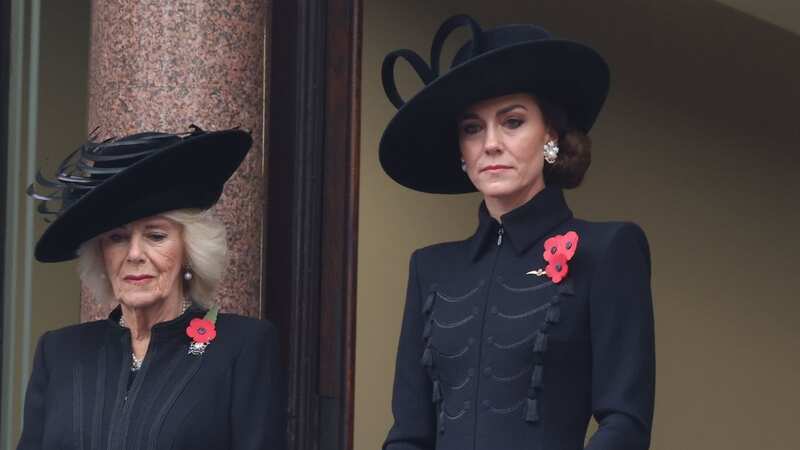 Sombre Kate wears three poppies as she joins Queen Camilla for Remembrance