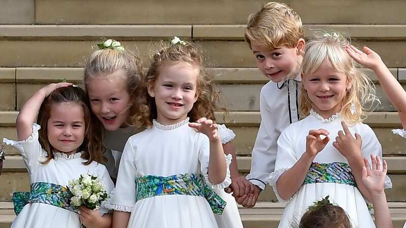 From the left: Princess Charlotte, Savannah Phillips, Maud Windsor, page boy Prince George of Cambridge, bridesmaids Isla Phillips, Theodora Williams and Mia Tindall (Image: Getty Images)
