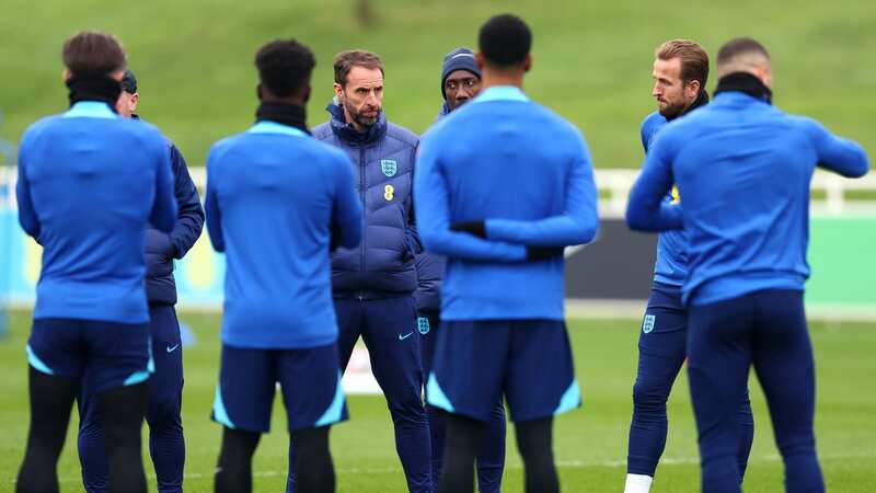 Gareth Southgate, Head Coach of England, speaks with his players during an England Training Session (Image: Getty Images)