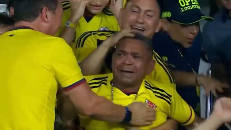 Luis Diaz pointed to his father in the stands after scoring twice for Colombia (Image: AP)
