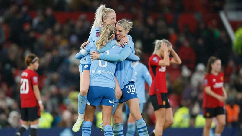 Alex Greenwood, Steph Houghton, and Alanna Kennedy celebrate winning the Manchester derby (Image: Photo by Richard Sellers/Sportsphoto/Allstar via Getty Images)