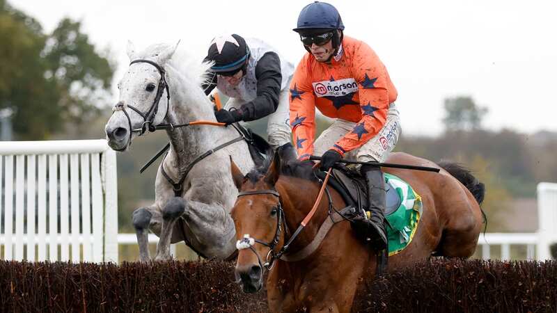 Harry Cobden finished second on Bravemansgame (right) in the 2023 bet365 Charlie Hall Chase (Image: PA)