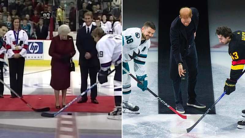 Prince Harry dropped the puck on Monday just like Queen Elizabeth II once did (Image: @SanJoseSharks / X)
