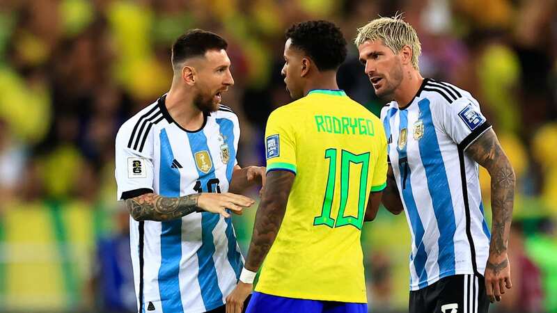 Lionel Messi clashed with Brazil forward Rodrygo before kick-off (Image: CARL DE SOUZA/AFP via Getty Images)