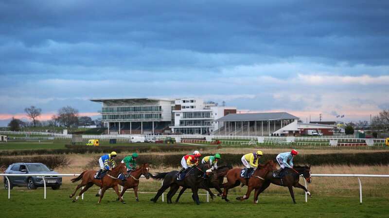 WETHERBY, ENGLAND - MARCH 17: Horses and riders in action during the last race of the day, the Family Fun Raceday-Sunday 26th April Standard Open NH Flat Race which was run behind closed doors due to Covid-19 at Wetherby Racecourse on March 17, 2020 in Wetherby, England. (Photo by Alex Livesey/Getty Images)