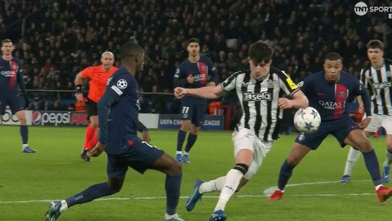 PSG were awarded a late penalty after Tino Livramento was ruled to have handled the ball in the box (Image: TNT Sport)