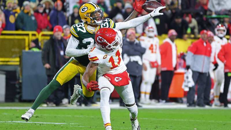 GREEN BAY, WISCONSIN - DECEMBER 03: Carrington Valentine #37 of the Green Bay Packers defends a pass intended for Marquez Valdes-Scantling #11 of the Kansas City Chiefs during a game at Lambeau Field on December 03, 2023 in Green Bay, Wisconsin. The Packers defeated the Chiefs 27-19. (Photo by Stacy Revere/Getty Images) (Image: No credit)