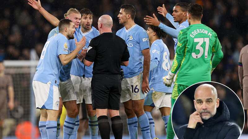 Erling Haaland and Man City players surrounded referee Simon Hooper at full-time (Image: Kieran McManus/Tottenham Hotspur FC/REX/Shutterstock)