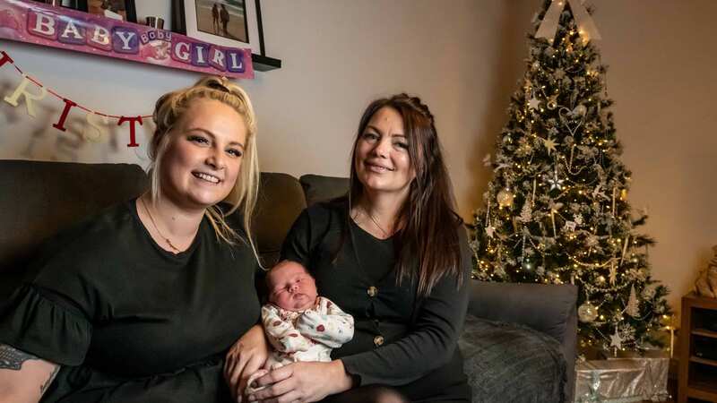 Leanne Tighe (right), her best friend Ashley Brooke and her baby Amelia who was born under her Christmas tree (Image: No credit)