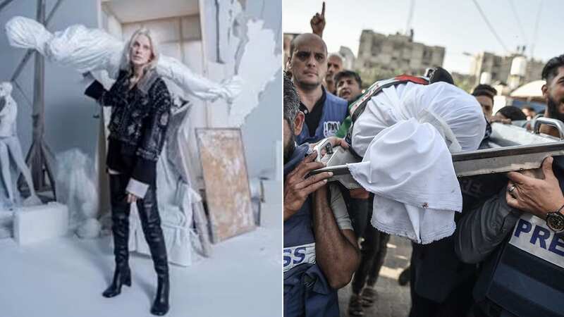 The offending image shows a model carrying a mannequin in a white bag