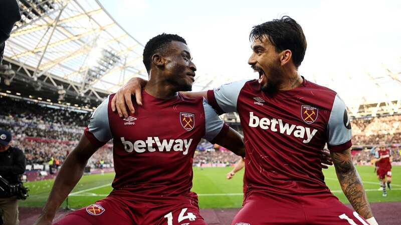 Mohammed Kudus of West Ham United celebrates with Lucas Paqueta after scoring his second goal against Wolves.