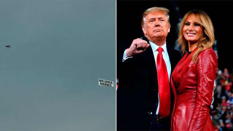 The hilarious banner was flown over while Donald Trump delivered a campaign speech
