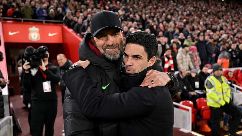 Jurgen Klopp and Mikel Arteta greeting each other at Anfield (Image: Liverpool FC via Getty Images)