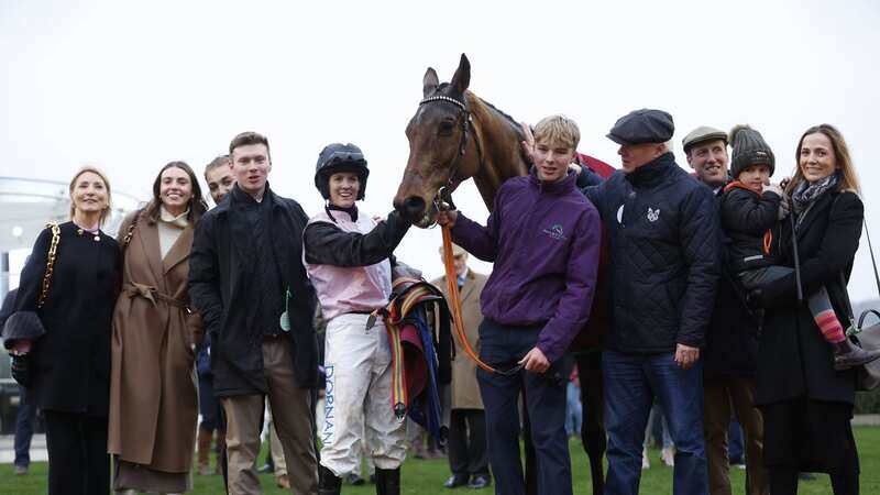 Brian Acheson (fourth from right) and jockey Rachael Blackmore celebrate Bob Olinger