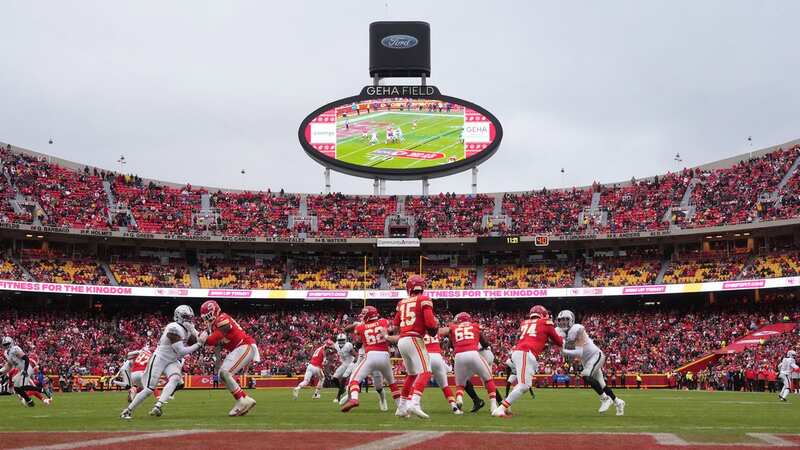 A general overall view as Kansas City Chiefs quarterback Patrick Mahomes (15) throws the ball against the Las Vegas Raiders