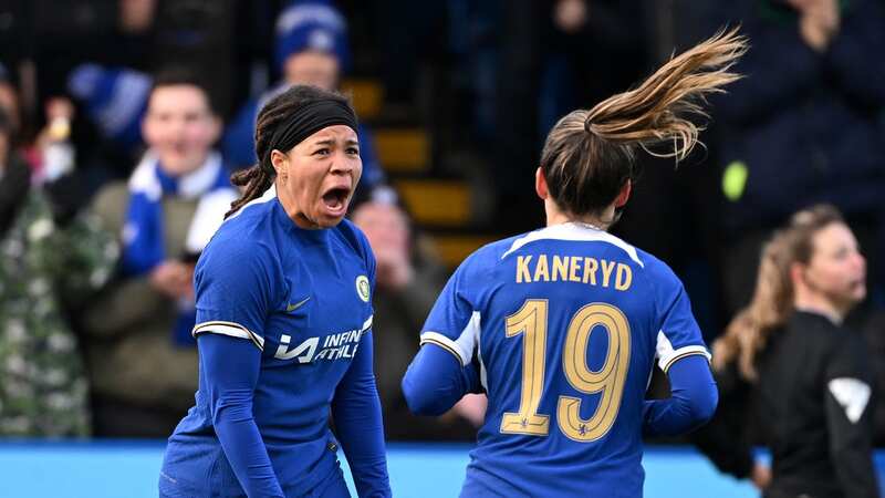KINGSTON UPON THAMES, ENGLAND - JANUARY 14: Mia Fishel of Chelsea celebrates with teammate Johanna Rytting Kaneryd after scoring their team