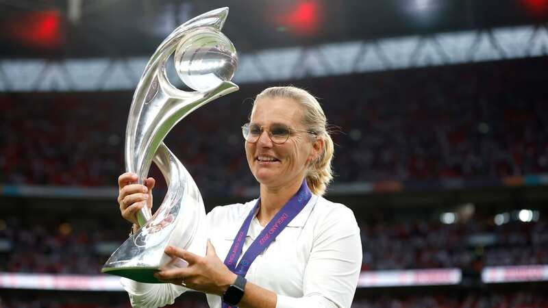 Sarina Wiegman, manager of England celebrates with the UEFA Women’s EURO 2022 Trophy (Image: Photo by Lynne Cameron - The FA/The FA via Getty Images)