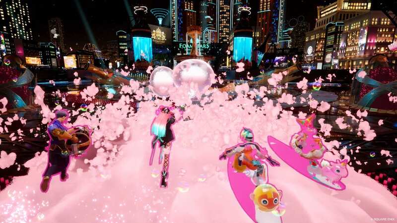 Each match of Foamstars begins by having teams surf a wave of suds into the action. (Image: Square Enix)