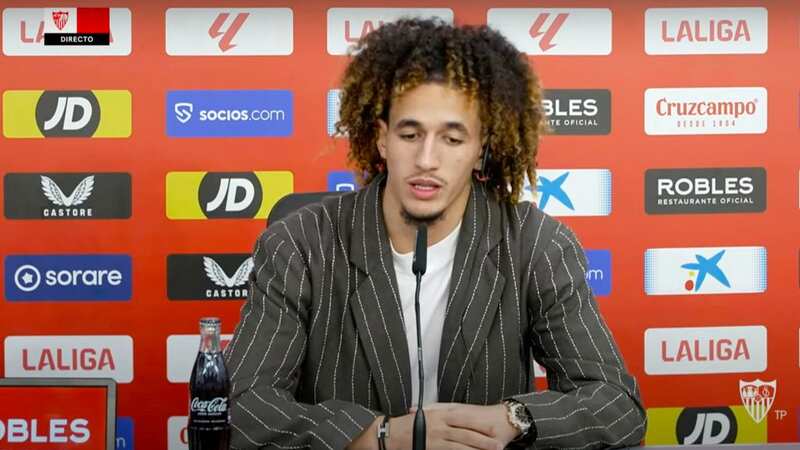 Hannibal Mejbri has been unveiled by new club Sevilla (Image: Raul Caro/EPA-EFE/REX/Shutterstock)