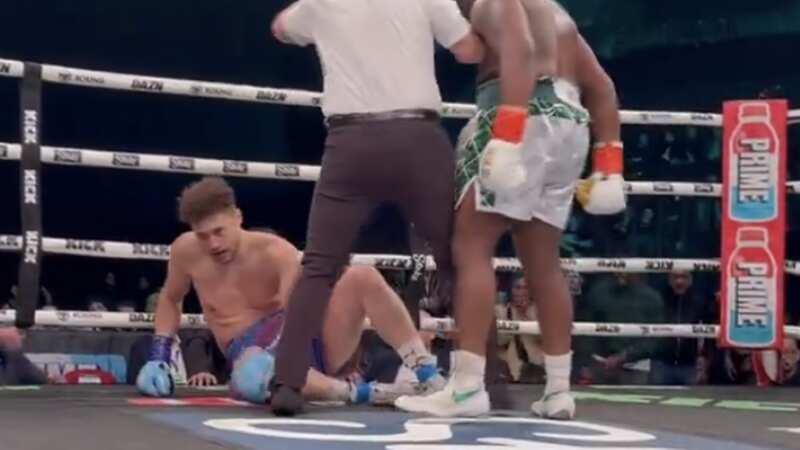 X Factor winner Myles Stephenson was dropped and quit on his stool in the fight (Image: Misfits Boxing)