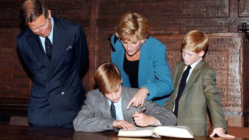 Prince William signing the Eton College Entrance Book in 1995 watched by the Prince and Princess of Wales and Prince Harry (Image: PA)