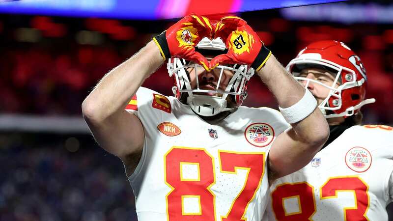 Travis Kelce #87 of the Kansas City Chiefs celebrates after scoring a 22 yard touchdown against the Buffalo Bills (Image: Getty Images)