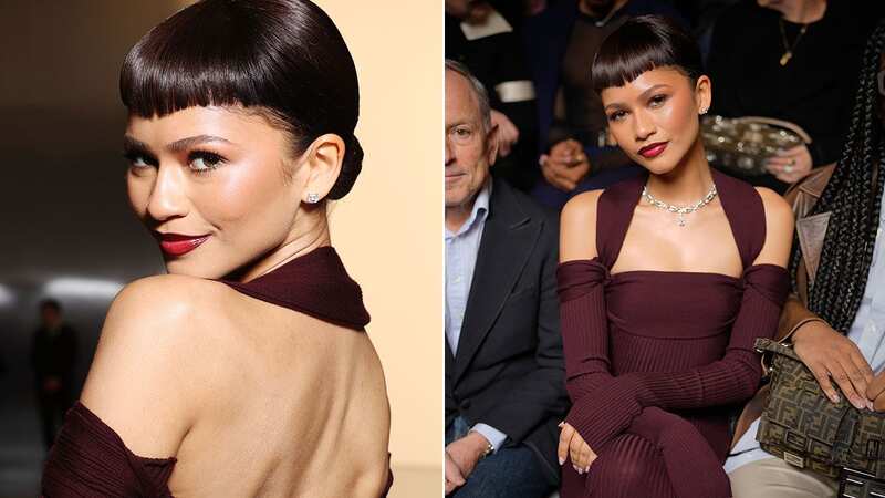 Zendaya looked sensational in a deep burgundy-hued gown with her micro-fringe on full display