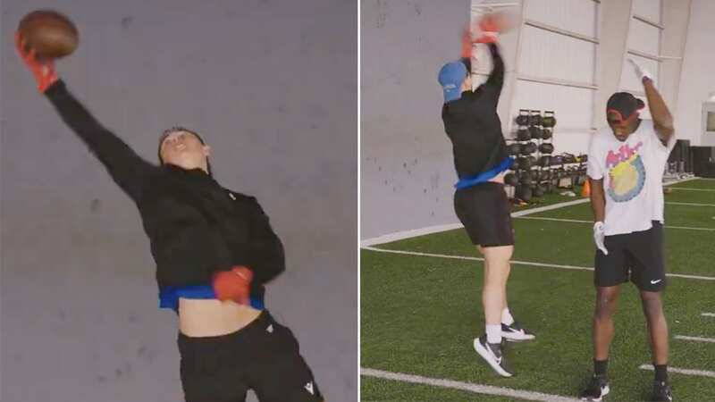 Louis Rees-Zammit pulled off a difficult one-handed catch in a viral clip as he showed off his potential NFL credentials (Image: NFL UK)