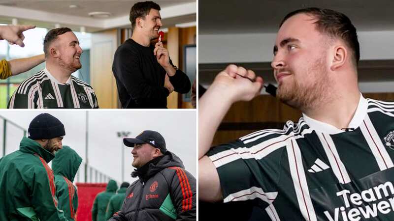 Luke Littler took on Harry Maguire in a darts match as he visited Manchester United