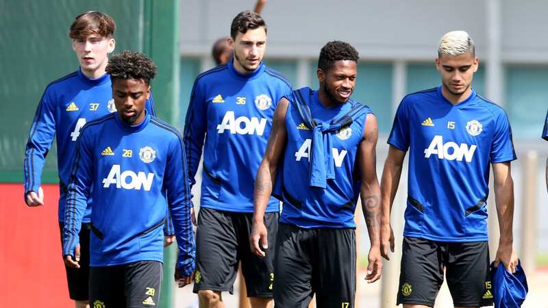 Angel Gomes, James Garner, Matteo Darmian, Fred and Andreas Pereira of Manchester United in action during a first team training session (Image: Matthew Peters/Manchester United)
