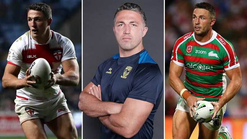 Warrington Wolves head coach Sam Burgess, centre, and in playing action for England, left, and South Sydney, right. (Image: Joe Richardson / Warrington Wolves)