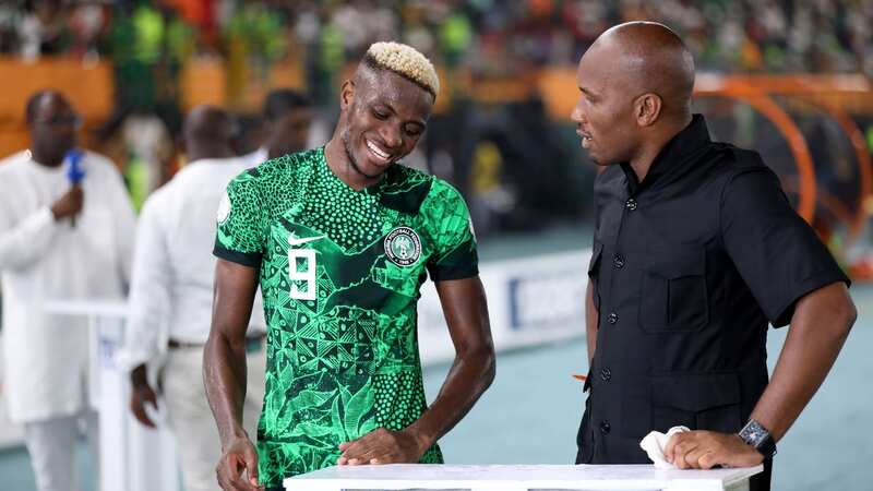 Victor Osimhen of Nigeria talks with Didier Drogba after the CAF Africa Cup of Nations round of 16 match between Nigeria and Cameroon (Image: MB Media)