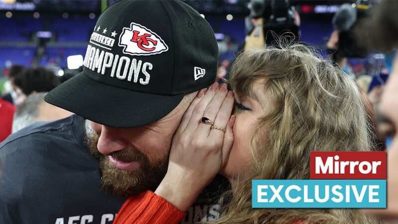 BALTIMORE, MARYLAND - JANUARY 28: Travis Kelce #87 of the Kansas City Chiefs celebrates with Taylor Swift after a 17-10 victory against the Baltimore Ravens in the AFC Championship Game at M&T Bank Stadium on January 28, 2024 in Baltimore, Maryland. (Photo by Patrick Smith/Getty Images)