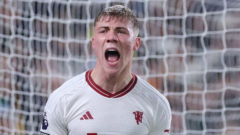 Rasmus Hojlund celebrates after scoring their second goal during the Premier League match between Wolverhampton Wanderers and Manchester United (Image: Alex Livesey)
