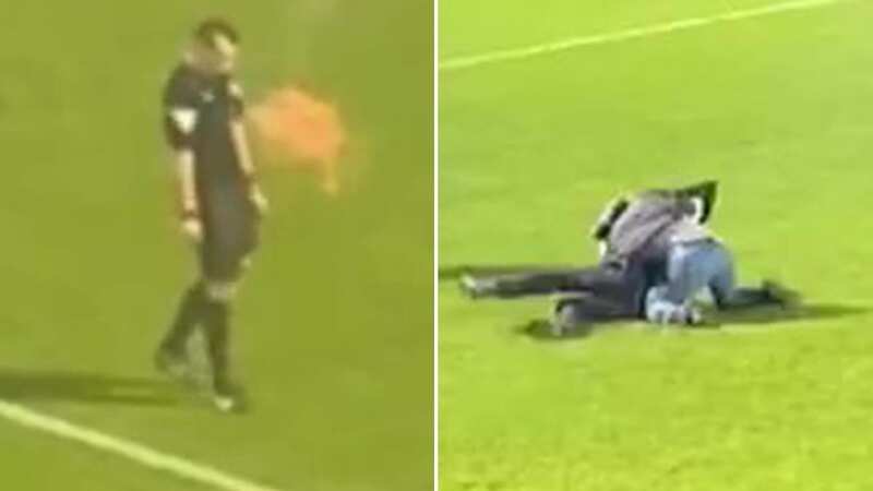 Pitch invader punches steward and flare hits ref as non-league game sparks chaos