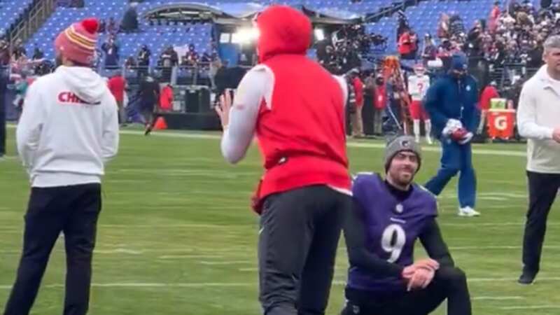 Justin Tucker warms up before the AFC Championship game on the same side of the field as the Chiefs (Image: Youtube)