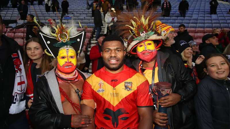 Sylvester Namo, of Papua New Guinea, poses for a photo following the 2021 Rugby League World Cup quarter-final against England. (Image: Getty Images for RLWC)