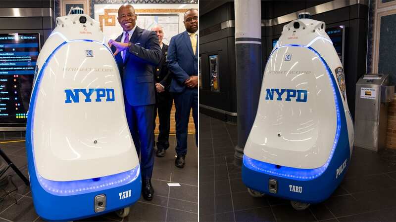Mayor Eric Adams poses with the K5 police bot during a press conference on Friday, September 22, 2023 (Image: NY Daily News via Getty Images)