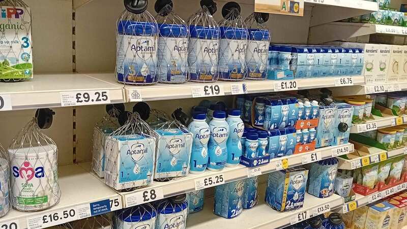 Baby milk in security "cages" in a Tesco in Birmingham last week (Image: Olivia Elsey/Triangle News)