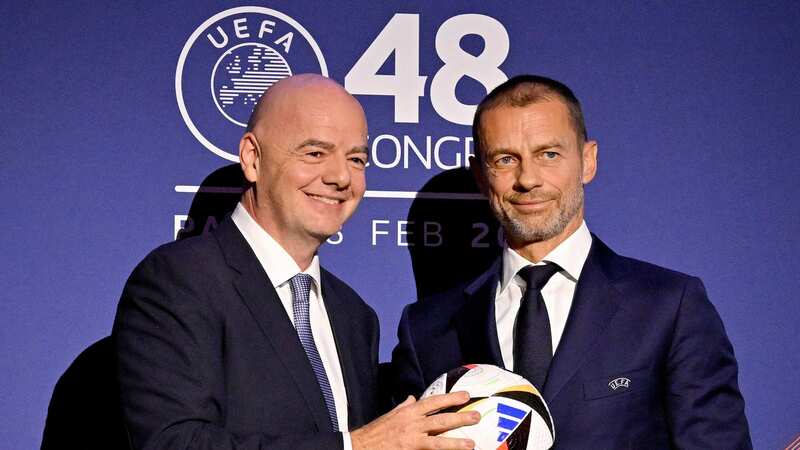 Gianni Infantino, President of FIFA, poses for a photograph with a EURO 2024 Match Ball with Aleksander Ceferin, President of UEFA (Image: 2024 UEFA)