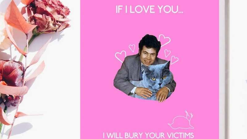 A Valentine’s Day card of serial killer, Fred West, cuddling a cat and surrounded by cartoon love hearts (Image: Jam Press/Etsy)