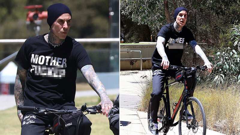 Travis Barker drew attention to himself with his choice of tee (Image: bkgrid)