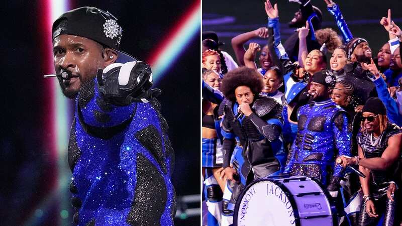 Usher rips shirt off, stumbles in skates and has mic issue in Super Bowl show