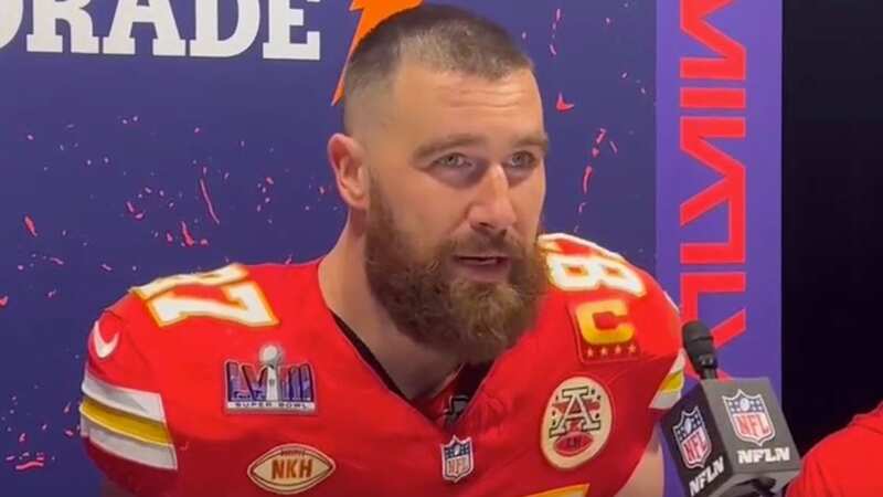 Travis Kelce was asked two questions directly about Taylor Swift after winning the Super Bowl (Image: Mirror)