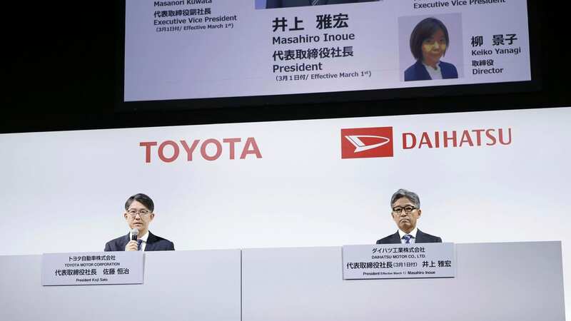 Masahiro Inoue, right, who will take over as President of Daihatsu in March, and Toyota Chief Executive Koji Sato, attend a press conference this week (Kyodo News via AP) (Image: No credit)