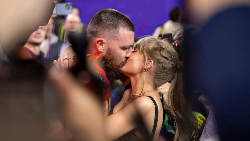 Travis Kelce and his girlfriend Taylor Swift shared a tender embrace after the NFL Super Bowl 58 showdown between the San Francisco 49ers and the Kansas City Chiefs (Image: Getty)