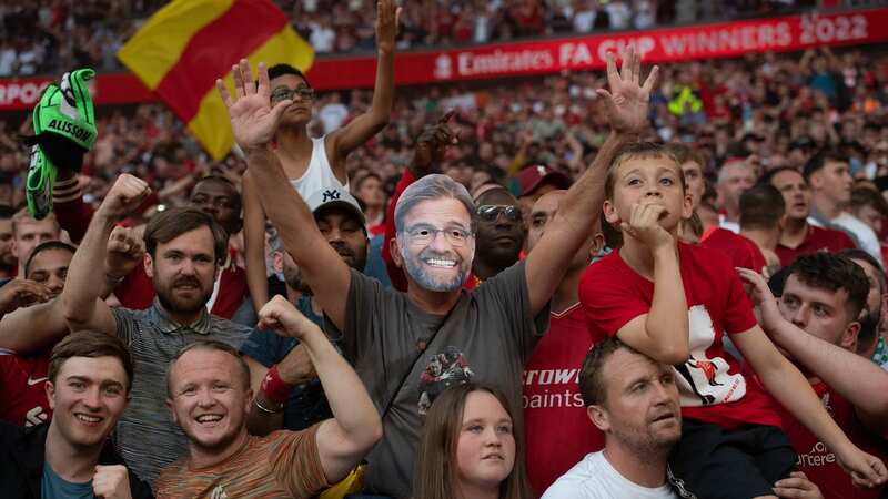 Liverpool fans celebrating at Wembley in 2022.